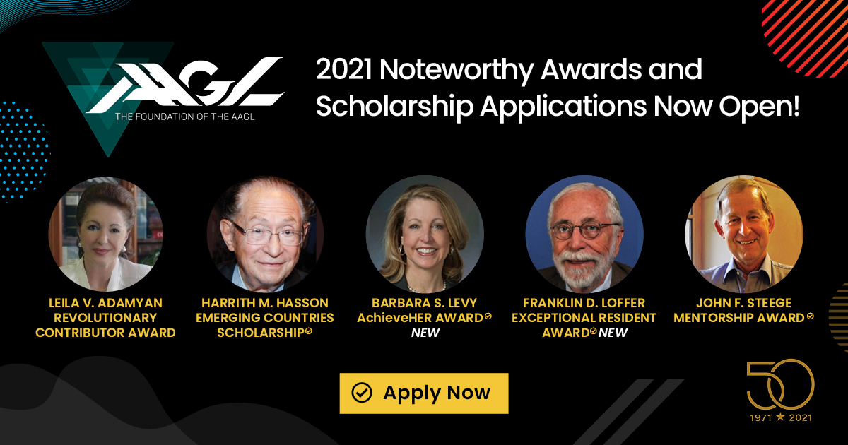 AAGL's tweet photo. Submit an application for one of these prestigious awards that will be presented live at #AAGL21 in November. For more information or to apply visit: https://t.co/BRCXJLCu6I @FMIGS1 @AAGLJMIG #FAAGL #MIGS #AAGL https://t.co/RQPAtaqk21