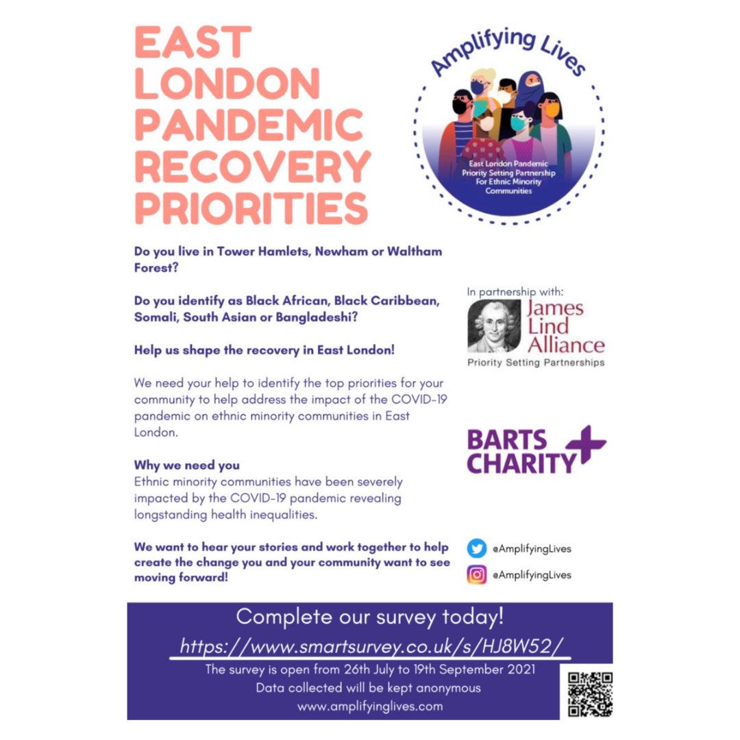 Dr Vanessa Apea (@vanessa_apea) on Twitter photo V excited to say that the <a href="/AmplifyingLives/">Amplifying Lives</a> & <a href="/LindAlliance/">James Lind Alliance</a> East London Pandemic Priority Setting Partnership for ethnic minority communities has now launched!
Do you live in East London? Do you identify as Black African, Black Caribbean, Somali, South Asian or Bangladeshi? 1/4 V excited to say that the <a href="/AmplifyingLives/">Amplifying Lives</a> & <a href="/LindAlliance/">James Lind Alliance</a> East London Pandemic Priority Setting Partnership for ethnic minority communities has now launched!
Do you live in East London? Do you identify as Black African, Black Caribbean, Somali, South Asian or Bangladeshi? 1/4