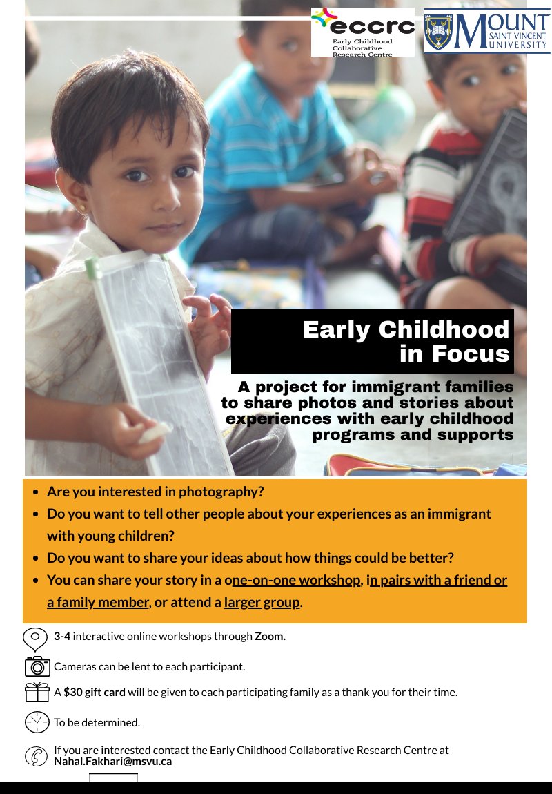 eccrc_msvu's tweet photo. Are you interested in photography? Do you want to tell others about your experiences as an immigrant with young children and share your ideas about how things could be better?

If so, check out out this poster and share your experiences with us through online Zoom workshops! https://t.co/Qg8JpUXZsc