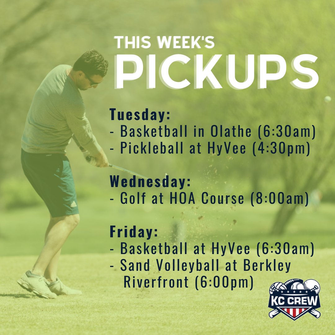 KCCrewSports's tweet image. Looking to make new connections in Kansas City while playing a game you love? Sign up at kccrew.com/pickup/.

Here’s the pickup schedule for this week…

#kcevents #kansascity #kcnetworking #kcsports