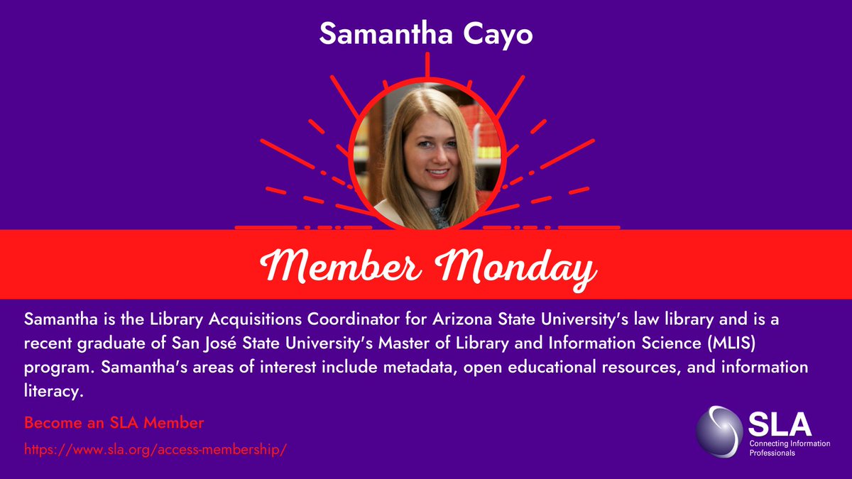 SLAhq's tweet photo. Hi #SLAers - it's #MemberMonday! Welcome to our new SLA member, Samantha Cayo! Take part in SLA's community - grow your network, develop your skill set & advance your career. If you're not a member, join today! https://t.co/KTq5RzAf5b
#OneSLA #SLA2020 #SLAdrivingforward https://t.co/vBoHN6Aov1