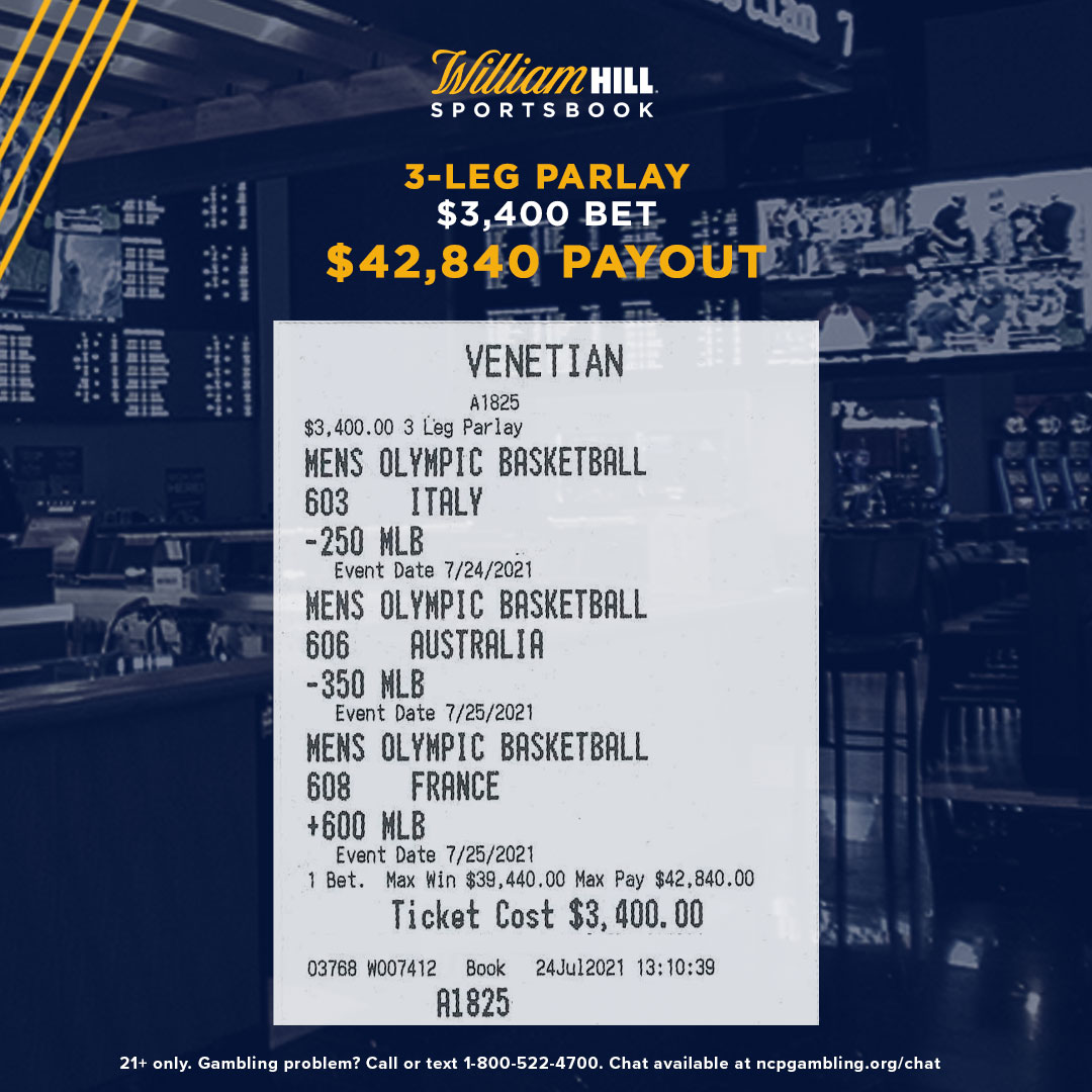 WilliamHillUS's tweet photo. Congrats to the @WilliamHillNV bettor who hit on their 3-leg Tokyo 🏀 parlay with 🇮🇹, 🇦🇺 &amp; 🇫🇷 to turn $3,400 ➡️ $42,840! #WHWinners https://t.co/YGMj7ewI3o