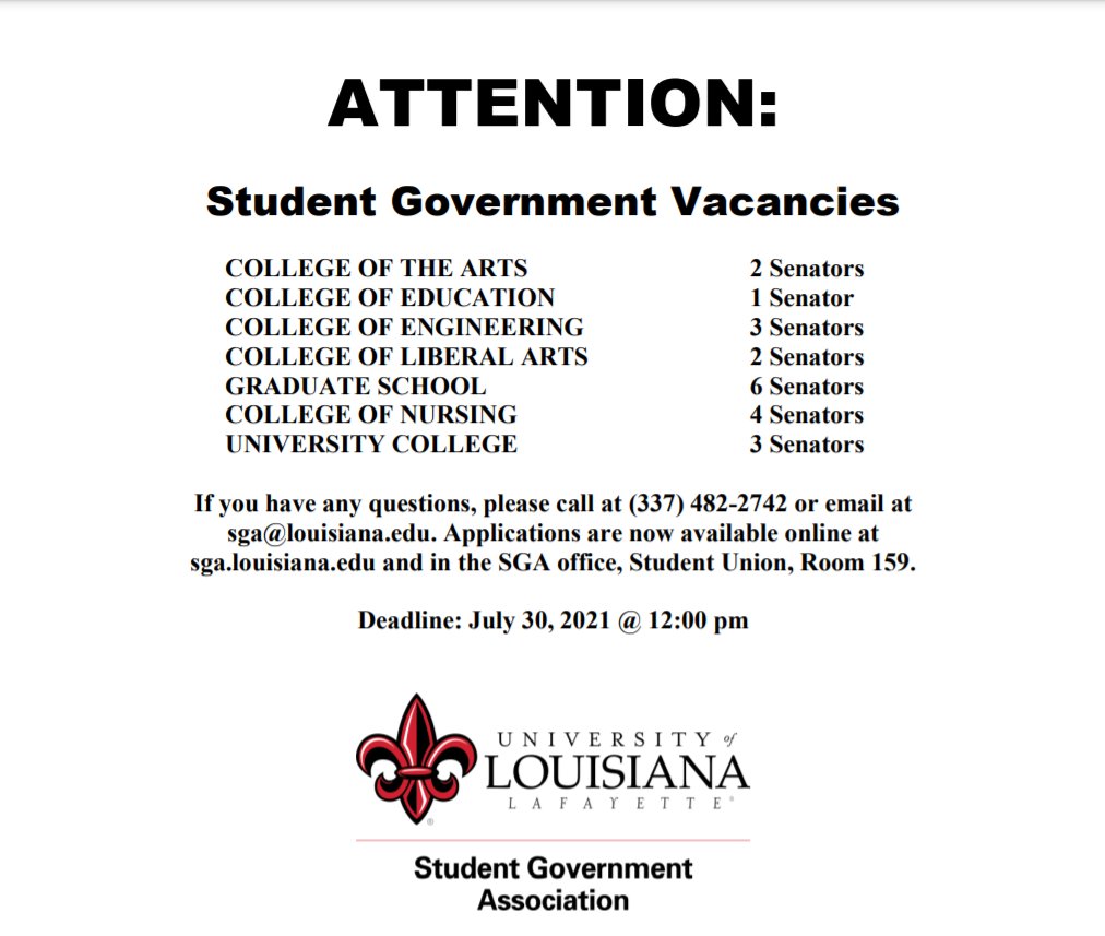 Interested in serving in the SGA Senate? 

We are currently in the process of filling multiple vacancies. If you are interested, follow the link below to our website and apply!

The deadline to apply is this Friday, July 30th.

Link: sga.louisiana.edu/get-involved/v…