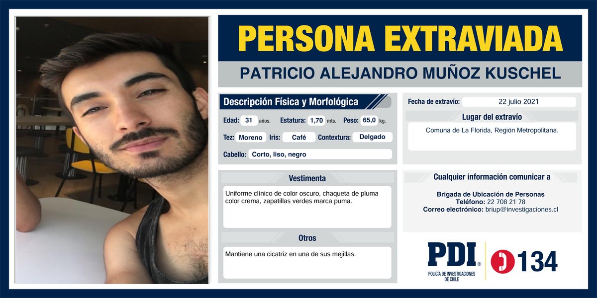 Ayúdanos a encontrar a Patricio Muñoz Kuschel, extraviado en la comuna de #LaFlorida, Región Metropolitana, el 22 de julio del 2021. Cualquier información es valiosa. Detalles en: bit.ly/91diE7