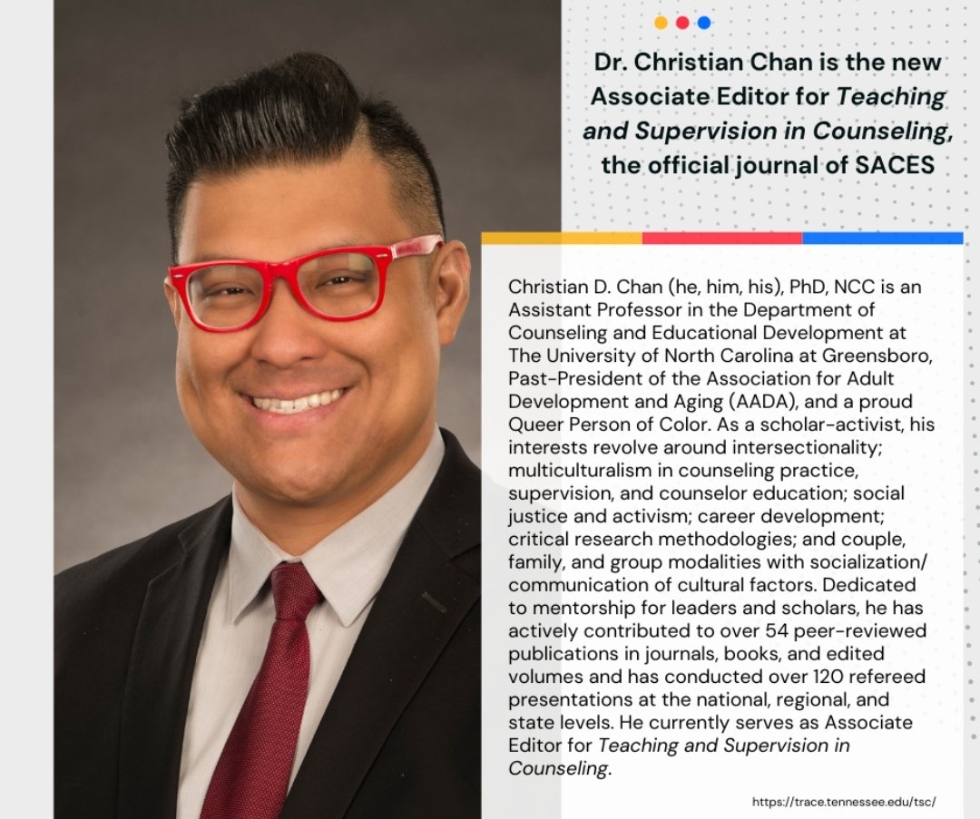 SACES31's tweet photo. Announcing the new Associate Editor for Teaching and Supervision in Counseling: Dr. Christian Chan https://t.co/ETmgOQ4FWT