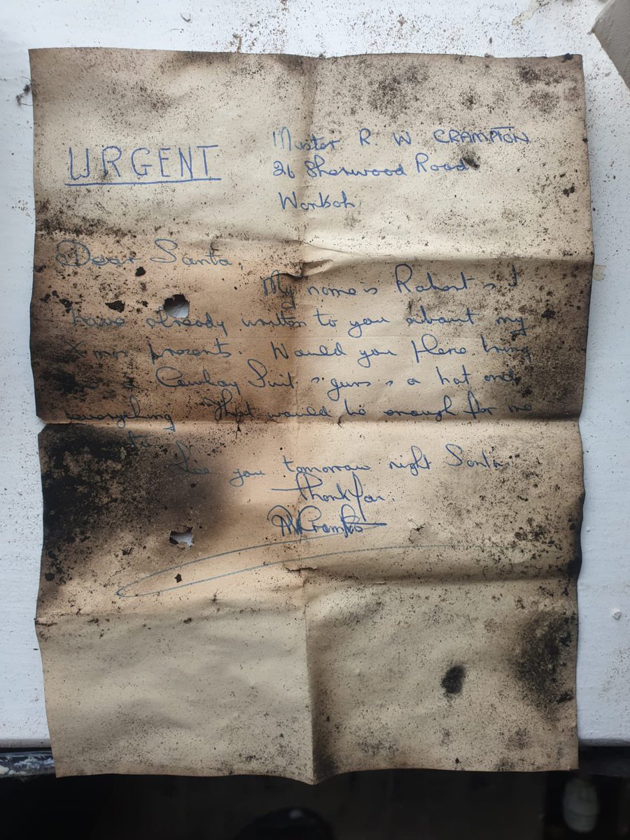SweepsChimney's tweet photo. Found today in a chimney at 26 Sherwood Road, Worksop a letter to Santa from Master Robert W Crampton.
The owners of the house are renovating it after we swept the chimney we found this letter to Santa.

#chimney #treasure #christmas https://t.co/OQMpnxCPYw