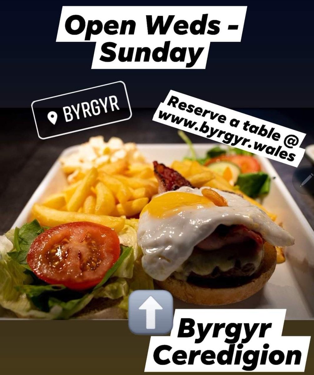 Dy ni nawr ar agor Nos Fercher, Iau a Gwener am 5yp ac o 12yp - 10yh dros y Penwythnos!

We are now open on Weds, Thurs, Fri from 5pm, and over the weekend from 12pm -10pm!

Neilltuwch bwrdd yma / reserve a table here:  

byrgyr.wales/pages/book-a-t…