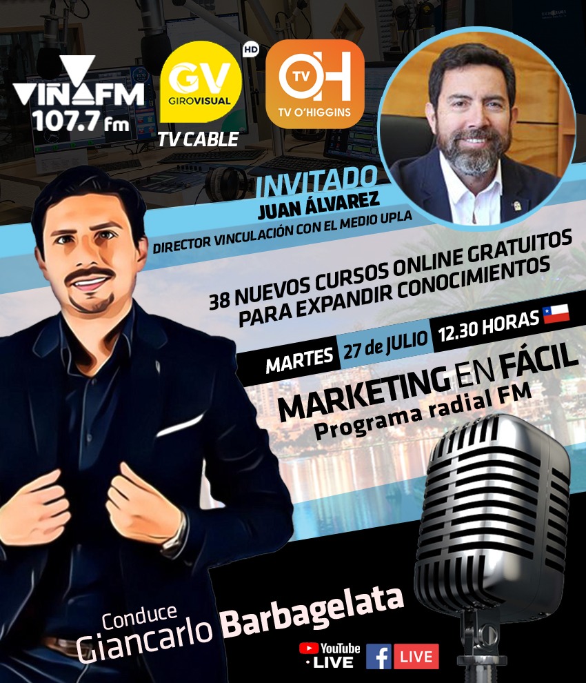 GiancarloMkt's tweet photo. Mañana como todos los martes 12.30 HORAS en #MarketingEnFácil estaremos conversando con JUAN ÁLVAREZ, director de VINCULACIÓN CON EL MEDIO DE LA UNIVERSIDAD DE PLAYA ANCHA, sobre el lanzamiento de cursos gratuitos online de la Universidad
#VIÑAFM #TVOHIGGINS #GIROVISUAL https://t.co/xDqycWnek0