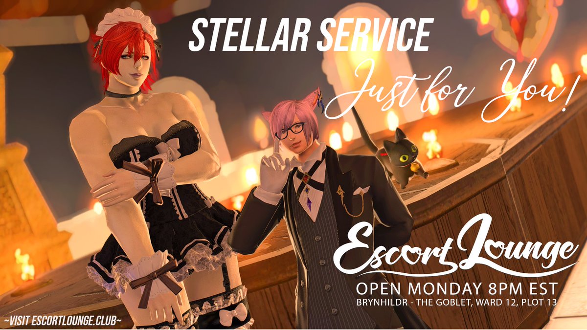 MunGuhn's tweet photo. Guess what! It’s Monday and you all know what that means. It’s Escort Lounge night! So come relax and enjoy the company of @FfxivThalara @Mountainspass @BayomomHarkness @ZadaH2020 myself and many other lovelies from 8PM-11PM EST on Brynhildr Goblet Ward 12 Plot 13. See ya there!! https://t.co/48oD5bGP3D