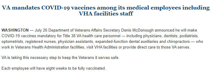 Huge news: <a href="/DeptVetAffairs/">Veterans Affairs</a> will require all Title 38 VA health care personnel who work in Veterans Health Administration facilities (or visit there) to get the #coronavirus vaccine. Staff has 8 weeks to get it done. Full story to come.