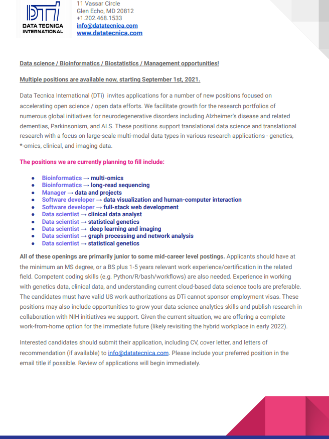 DataTecnica's tweet image. We are hiring #consultants to support #openscience efforts in #neurodegeneration to start September 1st 2021. This is a variety of junior to mid-career positions including: #bioinformatics #datascience #softwaredevelopment and #management. Advert here, apply now! #opportunity