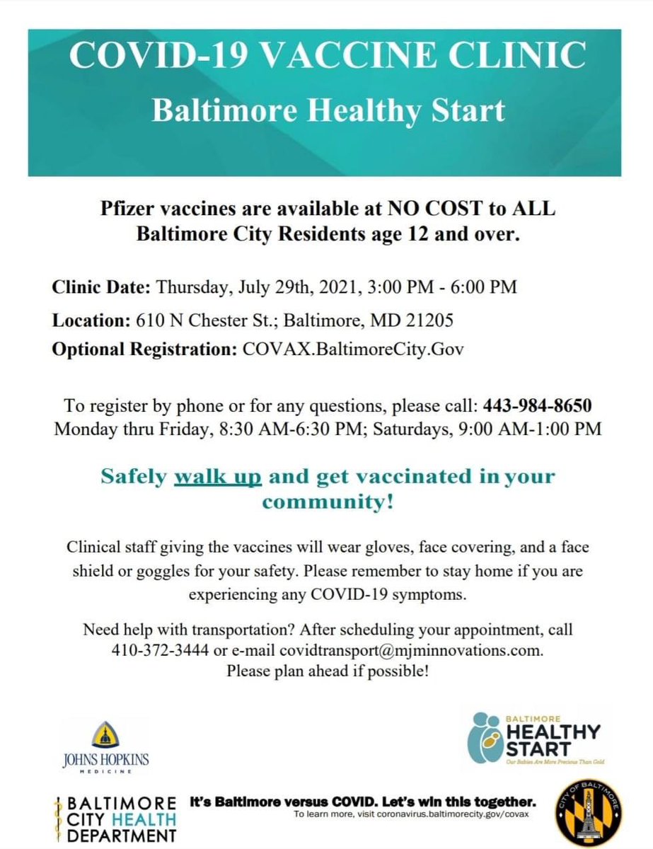 **IMPORTANT! MARK YOUR CALENDAR FOR 7/29!** Join Baltimore Healthy Start as we do our part to stop the spread! Thursday, July 29th on-site at: 610 N. Chester Street,21205, 3:00 pm to 6:00 pm. You can register online at: covax.baltimorecity.gov/en-US/