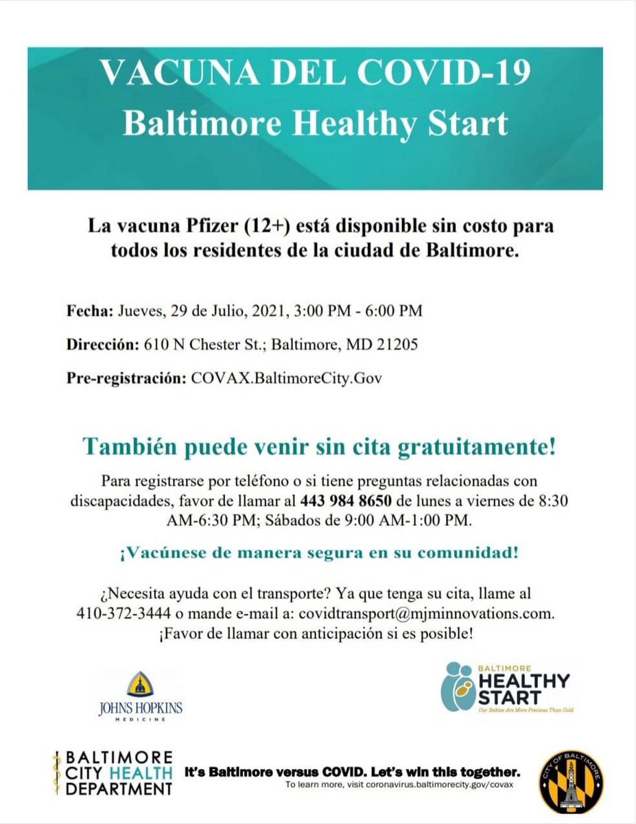 ¡IMPORTANTE! ¡MARQUE SU CALENDARIO PARA EL 29/7! ** ¡Únase a Baltimore Healthy Start mientras hacemos nuestra parte para detener la propagación! Jueves 29 de julio en el lugar en: 610 N. Chester Street,3:00 pm a 6:00 pm. Puede registrarse en línea en: covax.baltimorecity.gov/en-US/