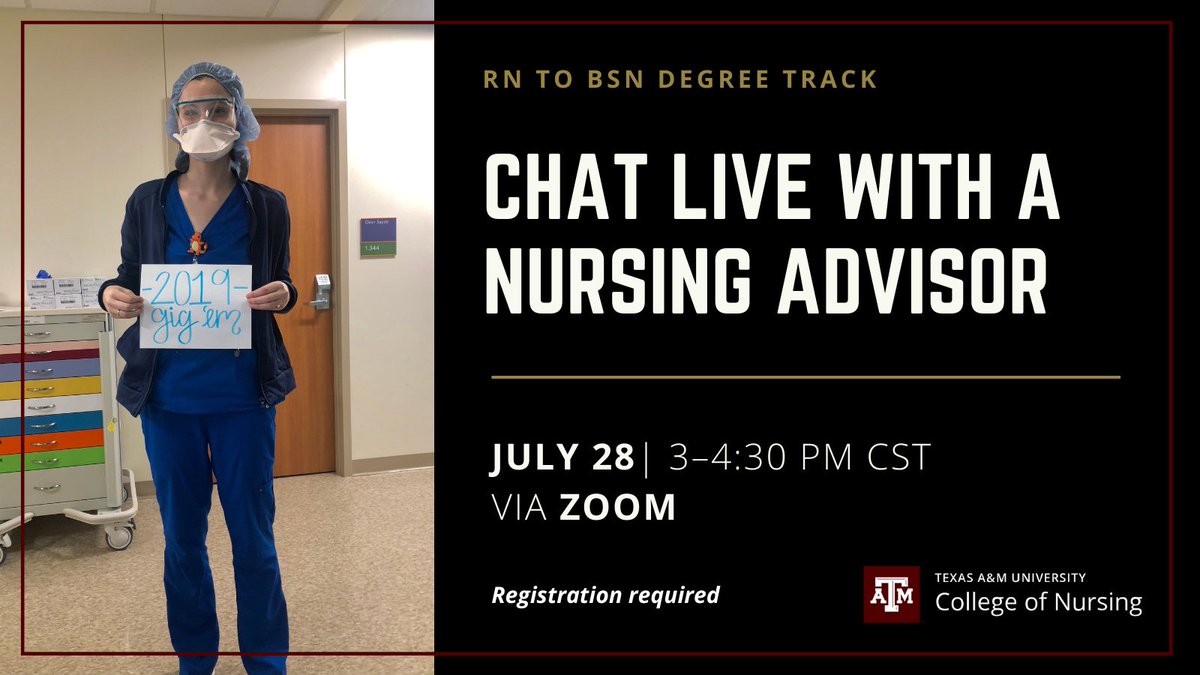 Chat live with a nursing advisor about our RN to BSN degree track! If you are completing the NursingCAS app for Spring 2022 admission and have questions, join us to get answers! July 28 - 3 to 4:30 PM calendar.tamu.edu/nursing/view/e…. #TAMUnurse #TAMUhealth #RNtoBSN