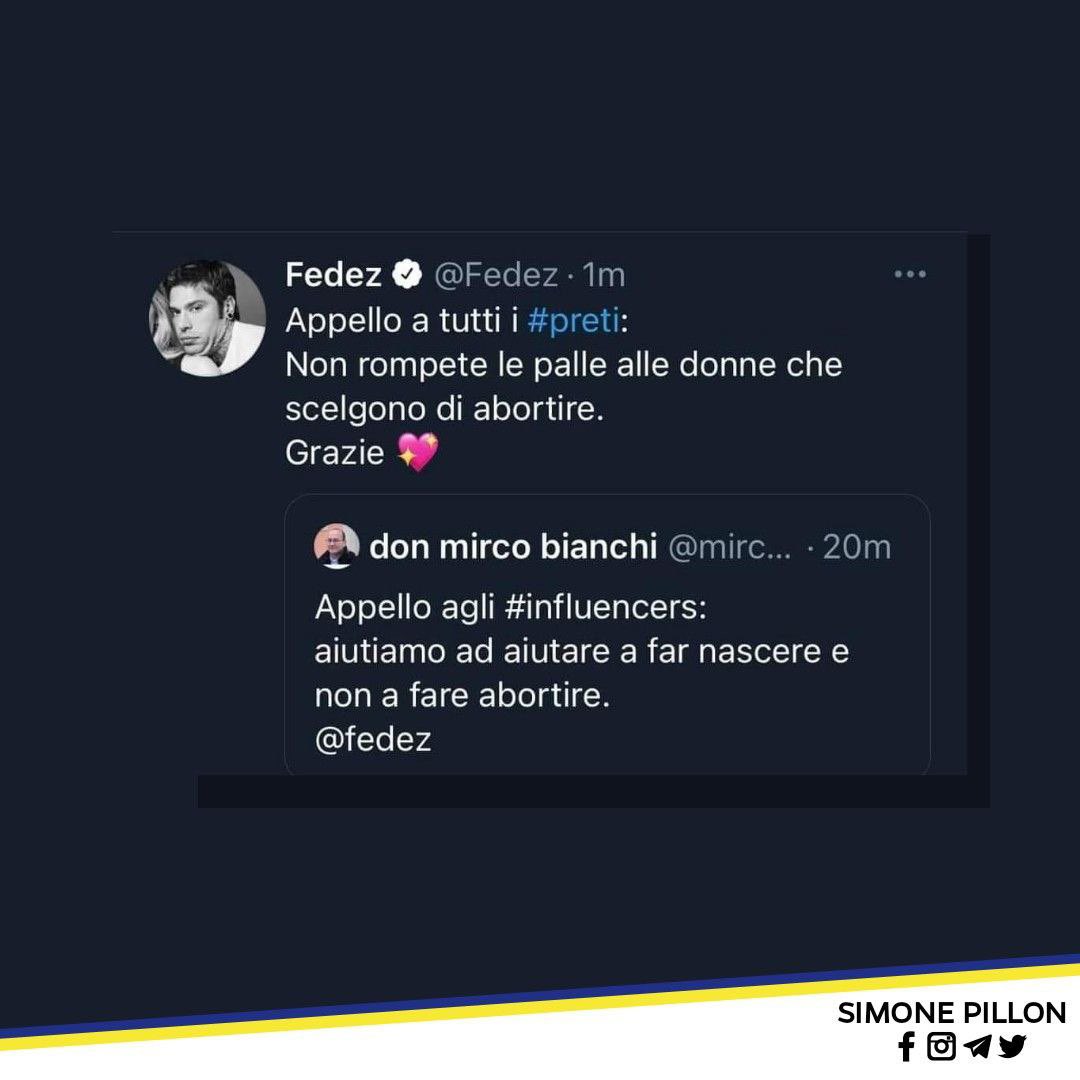 SimoPillon's tweet photo. Davanti a influencer che ripetono a pappagallo gli spottoni del politicamente corrotto, abbiamo persone che sanno ancora usare il sensus fidei, o semplicemente il buon senso.
Don Mirco 1
Fedez 0 https://t.co/6Lruxjh90j