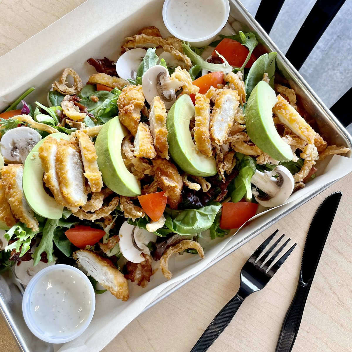 MooyahOC's tweet photo. Some days call for a #salad… loaded with everything… topped with #chickenfingers… with a #sideofranch. Am I right? 🥗🍗😋 #MOOYAH #Ridiculicious #housesalad #loadedsalad #chickensalad #bestsaladever #nationalchickenfingerday #saladday #saladlover https://t.co/pYPnt5zUFc https://t.co/MCe2A1inpK