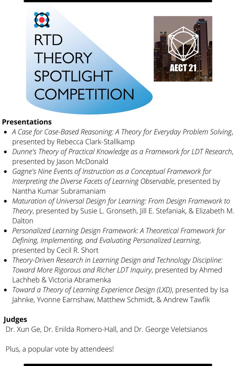 aectrtd's tweet photo. We are thrilled to announce the @AECT members who will be presenting at our inaugural #aectRTD Theory Spotlight Competition! We received 37 fantastic proposals and had the tough job of choosing these 7 finalists. Can't wait to see you in Chicago for #aect21 https://t.co/59UYienu1d