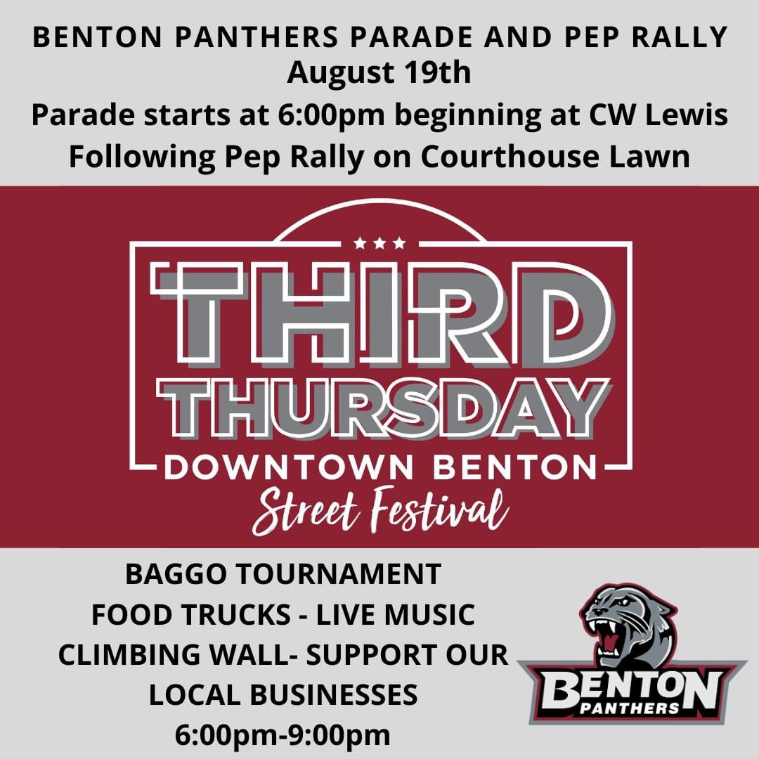 CityBenton's tweet photo. Let's Go Benton Panthers!! 😍 Thursday August 19th will be our next Third Thursday event in Downtown Benton from 6pm-9pm! We will have a parade to cheer on the teams that won a championship game this year followed by a pep rally on the courthouse lawn! https://t.co/r11fsEV2vo