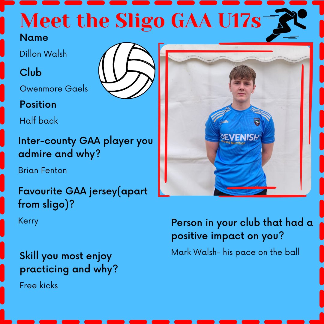 SligoGAACandG's tweet image. Our U17 @sligogaa squad get their Championship campaign underway this Friday Vs Leitrim. 

Meet Dillon Walsh of @OwenmoreGaels 🏁