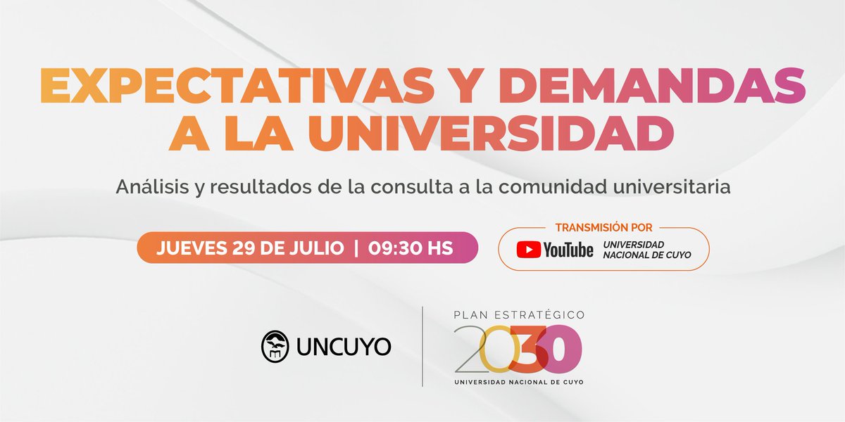 dppypuncuyo's tweet photo. Te invitamos a participar de la 3° jornada en el marco de elaboración del Plan Estratégico 2030 de la UNCUYO "Expectativas y demandas a la universidad", donde se analizarán los resultados de la consulta realizada a la comunidad universitaria. https://t.co/YIlZjN06nC