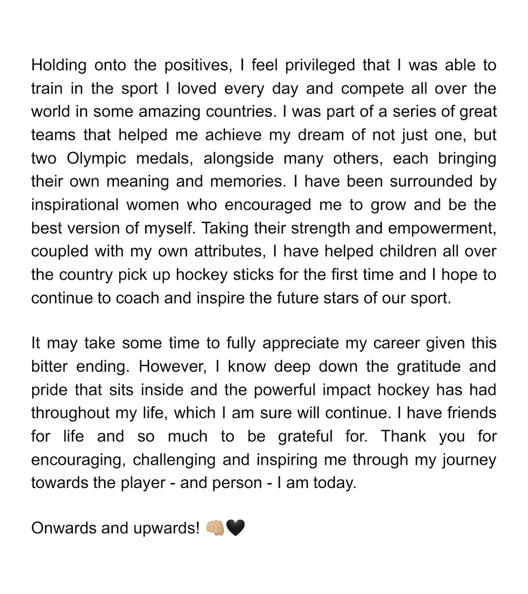 💔 HOCKEY STATEMENT 

With courage &amp; openness, today I put closure to my international hockey career after 10 special years 💫

It's not how I hoped it would end but I gave it everything &amp; I am proud of my continued honesty!

Thank you for all the memories, it's been an honour 🇬🇧