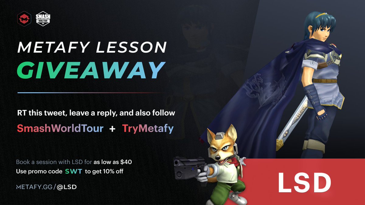 You've seen them compete. You've heard them on the mic. Now learn from them!

Here's your chance to win a session of Melee Therapy with @LoganSSBM on Metafy!

To enter:
1️⃣ RT this
2️⃣ Follow <a href="/SmashWorldTour/">Smash World Tour 2022</a> &amp; <a href="/TryMetafy/">Metafy</a>
3️⃣ Reply telling us your main

Winner picked in 24 hours!