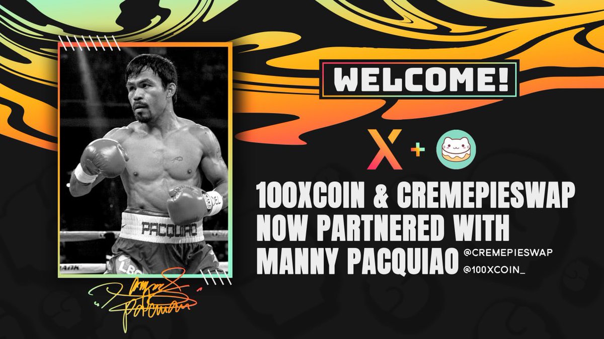 🎉🚨 IT’S OFFICIAL 🚨🎉

We are now partnered with one of boxing’s BIGGEST superstars in history and Senator of the Philippines, <a href="/MannyPacquiao/">Manny Pacquiao</a>! 🇵🇭💥🥊

Expect Social Media Posts, QR Code on <a href="/PBConFOX/">FOX Sports: PBC</a> broadcast, Team Pacquiao repping #100xCoin and #CremePieSwap, + more!