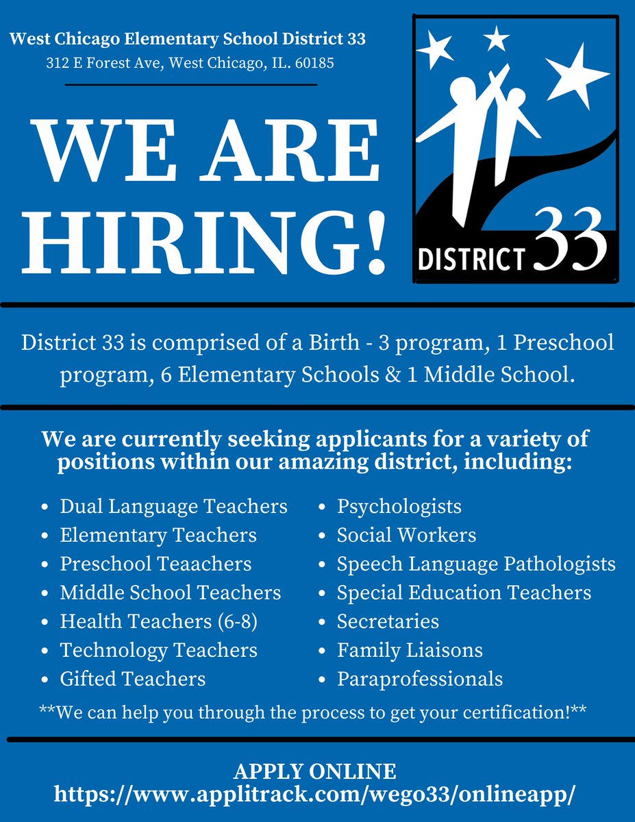 West Chicago D33 (@wegod33) on Twitter photo D33 Is Hiring! Apply Now: wego33.org/Page/297 <a href="/WestChicagoIL/">City of West Chicago</a> <a href="/Angelica_HR_Ed/">Angelica Romano</a> <a href="/MsLeaDeLuca/">Lea DeLuca</a> @kdavissa <a href="/latinosinacti0n/">Latinos In Action</a> D33 Is Hiring! Apply Now: wego33.org/Page/297 <a href="/WestChicagoIL/">City of West Chicago</a> <a href="/Angelica_HR_Ed/">Angelica Romano</a> <a href="/MsLeaDeLuca/">Lea DeLuca</a> @kdavissa <a href="/latinosinacti0n/">Latinos In Action</a>