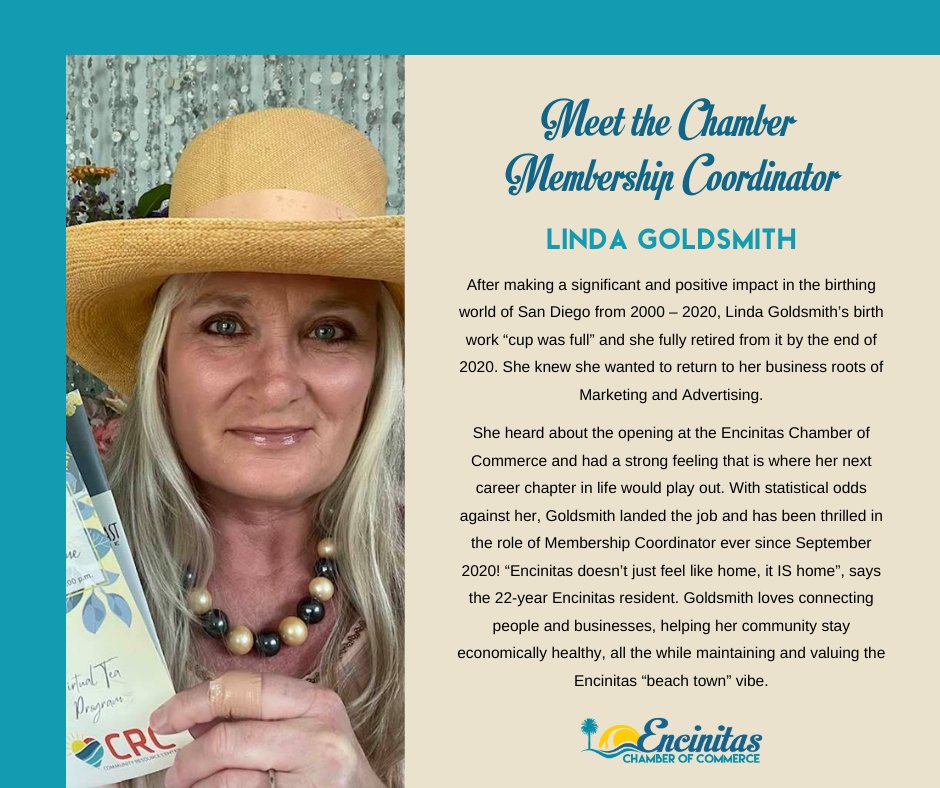 Meet the amazing Encinitas Chamber Membership Coordinator, Linda Goldsmith 💛 💙 

#chamberofcommerce #smallbusiness #business #shoplocal #community #networking #supportlocal #supportsmallbusiness #localbusiness #membership #community #member