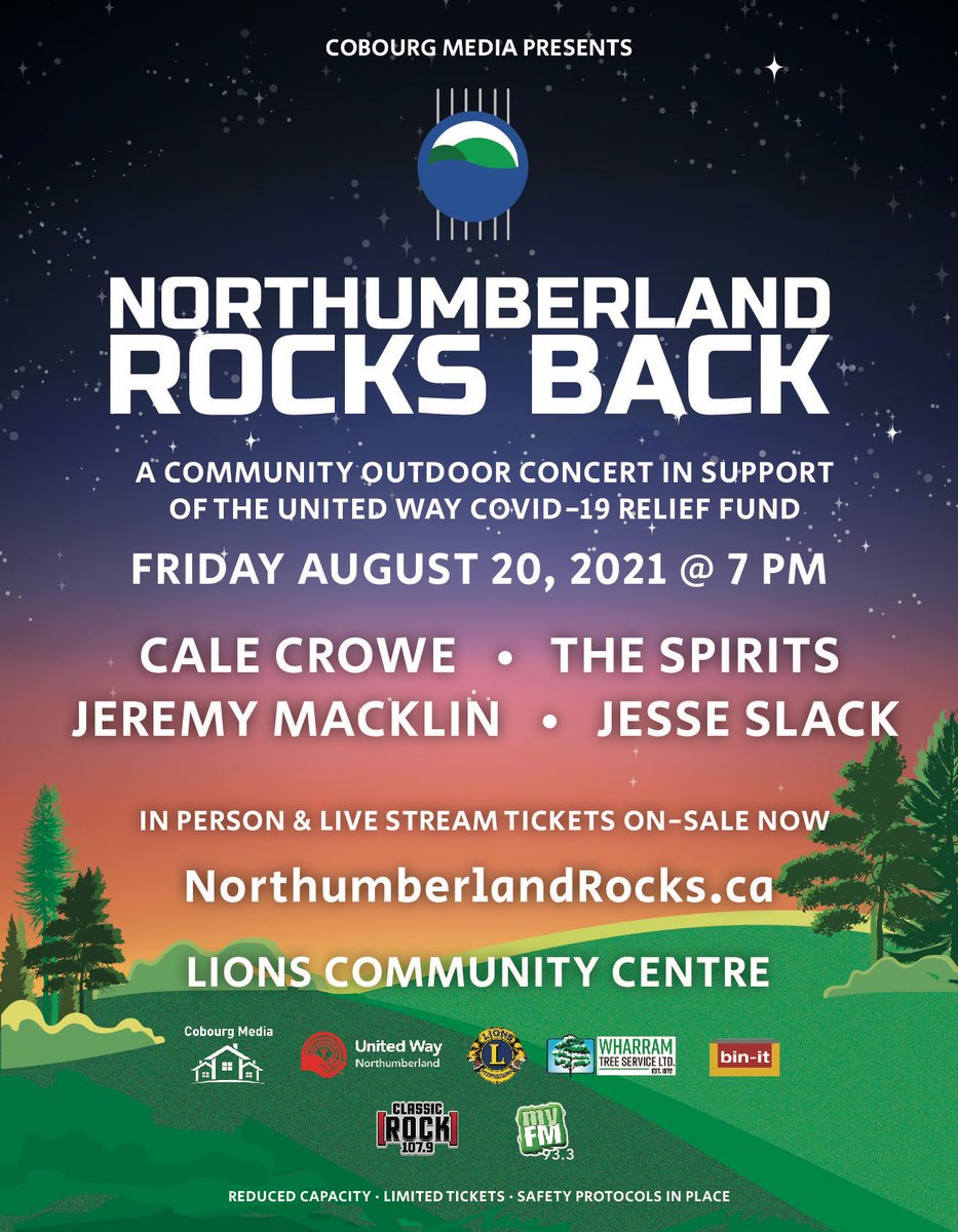 Nthldrocksback's tweet photo. Are you ready to rock?! 🎸🎶 Tickets for Northumberland Rocks Back are on sale now! 🎫👉 https://t.co/t2XCuGCKv1

Join us at the Cobourg Lions Community Centre on Friday, August 20, 2021, at 7 pm in support of the @nlanduw COVID-19 Community Relief Fund. #NorthumberlandRocks https://t.co/ferXZo0CRm