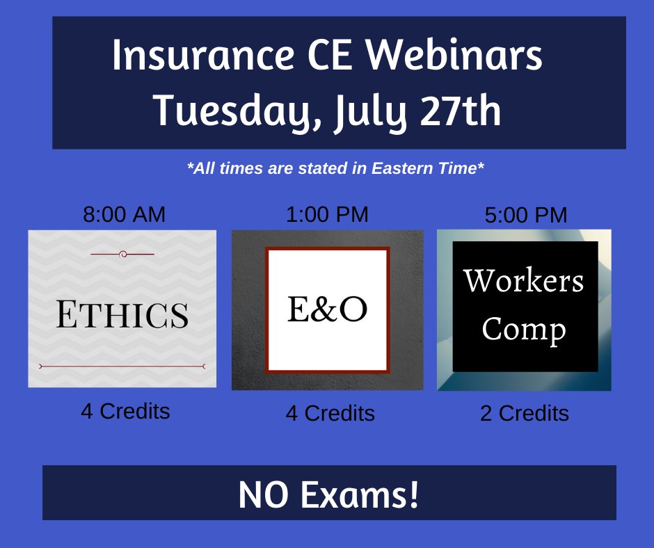 EITINS's tweet image. Tuesday: #Ethics - #ErrorsAndOmissions - #WorkersComp

All of our #CE #webinars are live with #NoExam!

Register now &amp;amp; attend on your PC or mobile device:  bit.ly/3kUyEMV 
.
.
#EasyCE #RemoteCE