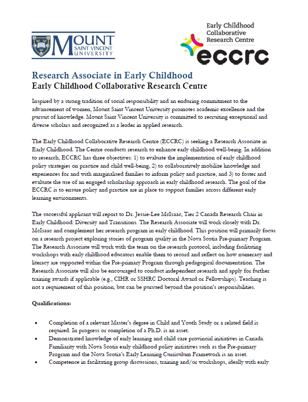 eccrc_msvu's tweet photo. WE'RE HIRING! We are looking for a Research Associate in early childhood to join our awesome team. Check out the posting below or visit https://t.co/pqzdcH3uxs for more information. Apply by August 27th! https://t.co/hNyqA7jn9q
