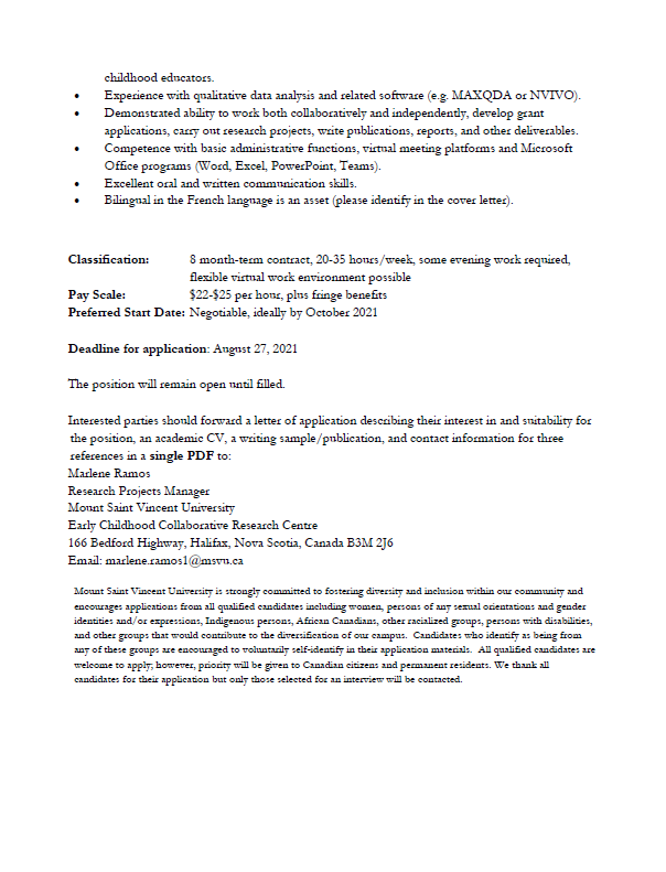 eccrc_msvu's tweet photo. WE'RE HIRING! We are looking for a Research Associate in early childhood to join our awesome team. Check out the posting below or visit https://t.co/pqzdcH3uxs for more information. Apply by August 27th! https://t.co/hNyqA7jn9q