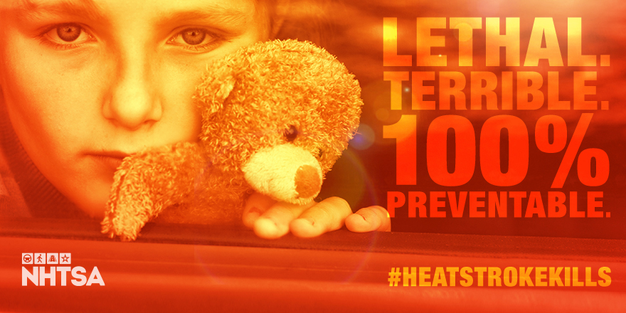 NHTSAgov's tweet photo. Just this year, 10 children have died after being left in a hot car.

Keep kids safe: 
⚠️ Never leave a child alone in a vehicle. 
⚠️ Lock unattended vehicle doors. 
⚠️ If you see a child alone in a vehicle, take action! 
#HeatstrokeKills https://t.co/BCu3u7izvK