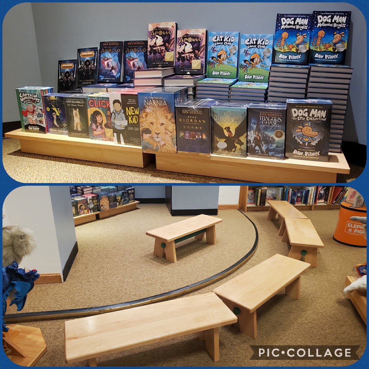 BarnesNSalem's tweet photo. The stage is set and the benches are back! Our smaller customers are welcome to sit and read once again... #funwithreading #sitting #loveofreading #book #ChildrensBooks https://t.co/umBb7JsbVI