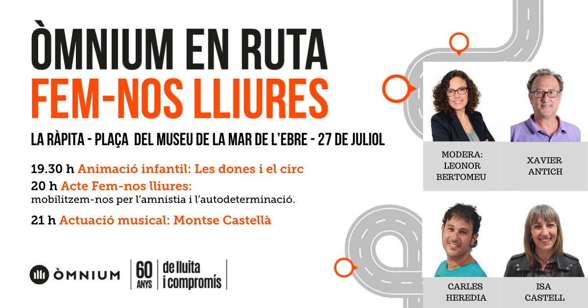 OmniumEbre's tweet photo. 📣 Demà us esperem a la Ràpita amb l'Òmnium en ruta 🚐
 
🕢 20 h Acte: Per un país lliure: mobilitzem-nos per l’amnistia i l’autodeterminació, amb @XavierAntich @isacastellsola i @CarlesHeredia; moderat per @leonorbertomeu 🎗️
 
21 h Actuació musical: @montsecastella 🎶 https://t.co/ksFSYieBCe