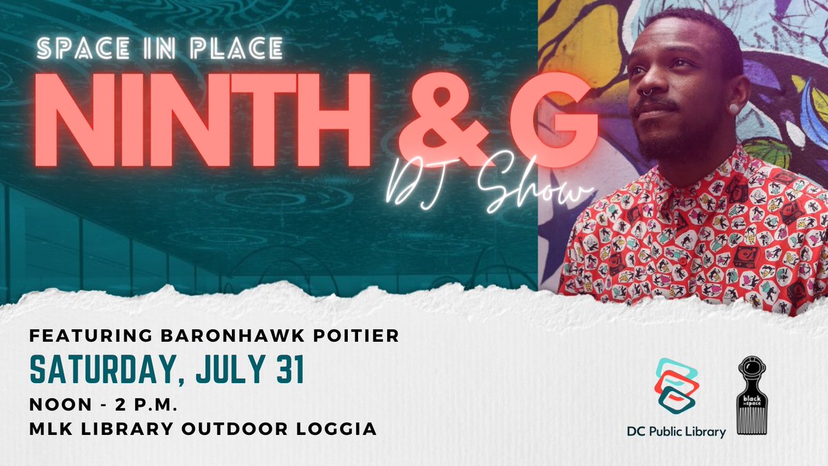 dcpl's tweet photo. Saturday! Dance your way to MLK Library for another edition of #SpaceInPlace - a LIVE DJ series in partnership with @makerslabdc outside of MLK Library! @Baronhawk will be dropping beats from Noon - 2 p.m. https://t.co/yjNMqL8ITB