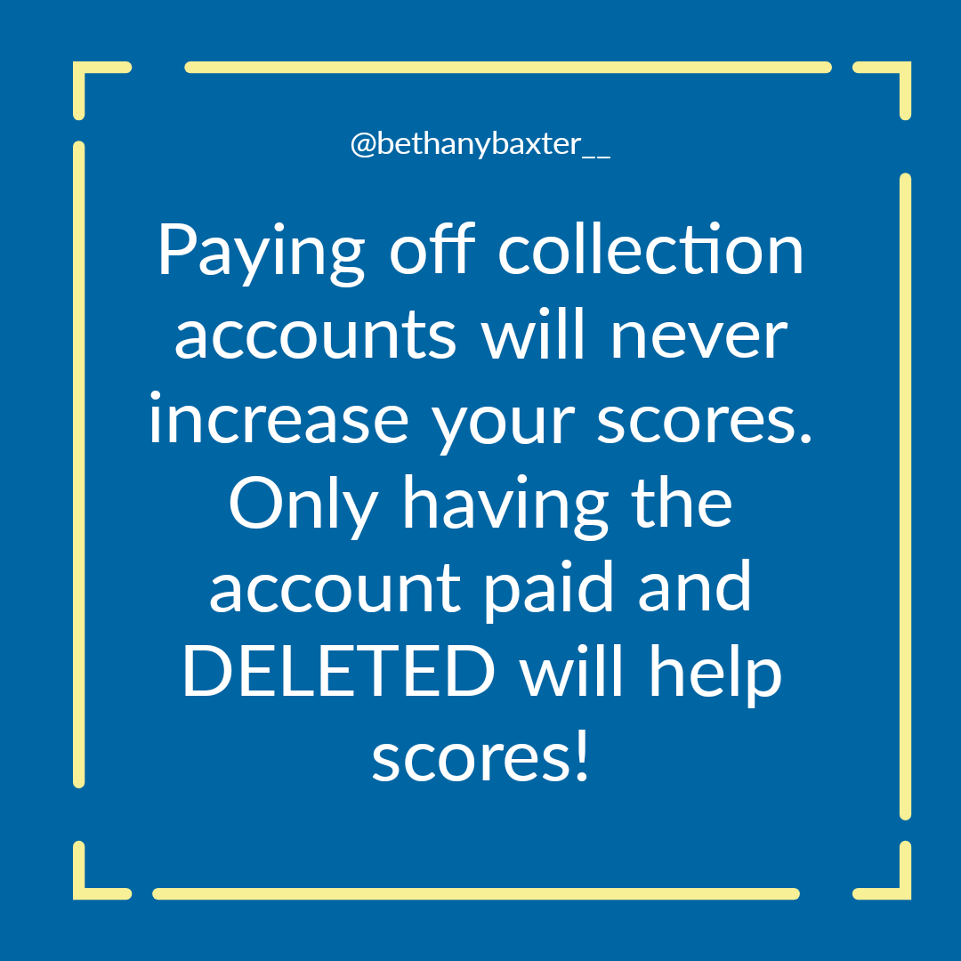 bethanybaxter__'s tweet photo. Paying off collection accounts will never increase your scores. Only having the account paid and DELETED will help scores!

Happy Monday!

#scottsdale #ScottsdaleAZ #mortgagebroker #MortgageLoan https://t.co/9PjnGY7exS