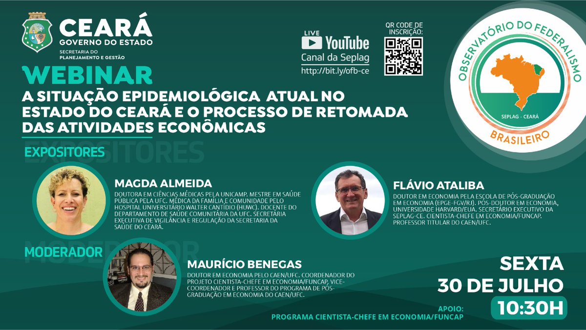 observatorioce's tweet photo. O OFB, vinculado à Seplag-CE, realizará, nesta sexta-feira (30), às 10:30hs, o webinar "A Situação Epidemiológica Atual no Estado do Ceará e o Processo de Retomada das Atividades Econômicas". Link de Inscrição: https://t.co/FHHwtvdBjq
Link de Transmissão: https://t.co/Gj3M2V91AP https://t.co/LjOivvYODd