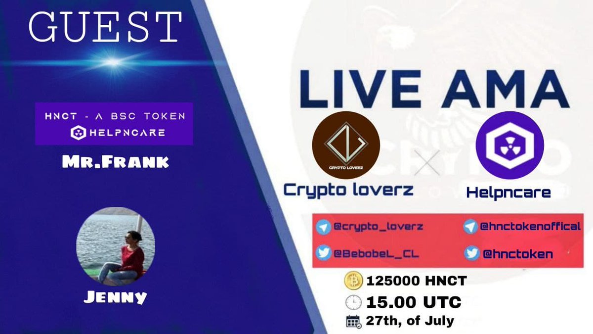 AME_PAY's tweet photo. 🔊New #AMA with #helpncare
⏰ Date : July 27th , 15:00 UTC
✴️Rewards: 100$ HNCT
⚠️ Requirements :
🔶Follow @BebobeL_CL & @hnctoken
🔶Ask a question
🔶Tag 3 friends
🔶Join https://t.co/jMzpkRnV4R
🔶Join https://t.co/5mI1fuqb9i
⚠️do not copy from the others https://t.co/bx9HN5V1xy