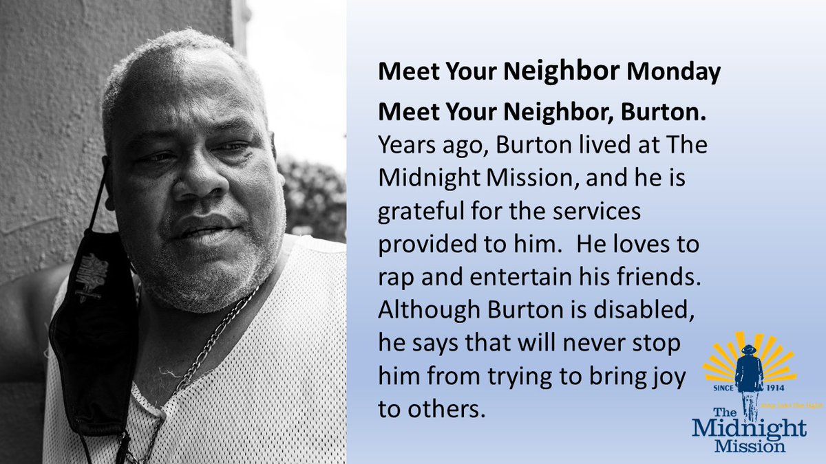 midnightmission's tweet photo. This week's Meet Your Neighbor is Burton. #meetyourneighbor #themidnightmission #themidnight #thisistheday #tmm #midnightmission #skidrow #skidrowlosangeles #losangeles #endhomelessness #homelessshelter #losangeleshomelessshelter #nonprofit #charity #donate https://t.co/z1Mxr27xyv