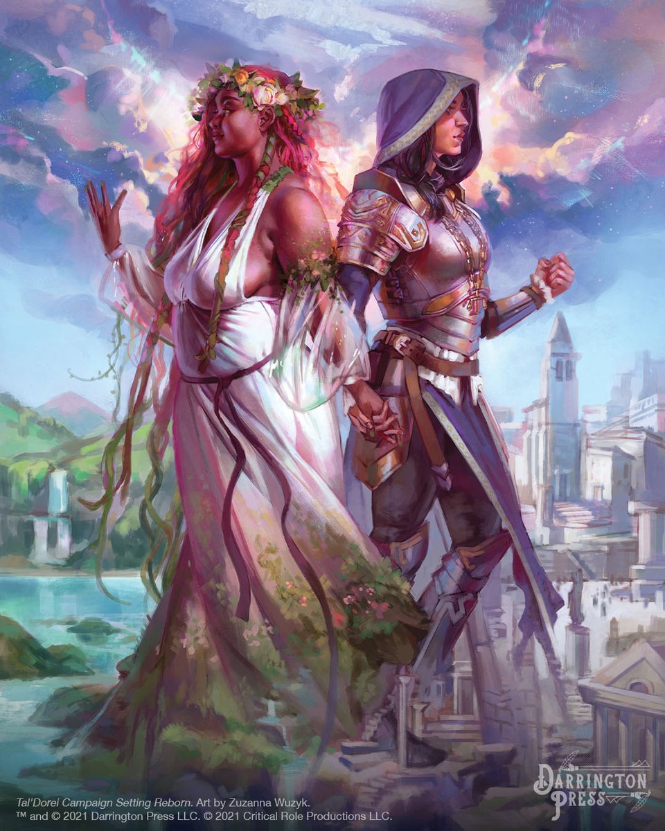 Wildmother and Lawbearer, two goddesses in love looking over their domains 💚💙 I had an absolutely amazing time working on this piece for #TalDoreiReborn. Thank you to art directors <a href="/wildrosemage/">Hannah Rose | Horizons!</a> and <a href="/jamesjhaeck/">Follow on BlueSky - James J. Haeck</a> for the chance to join you on this project 💖