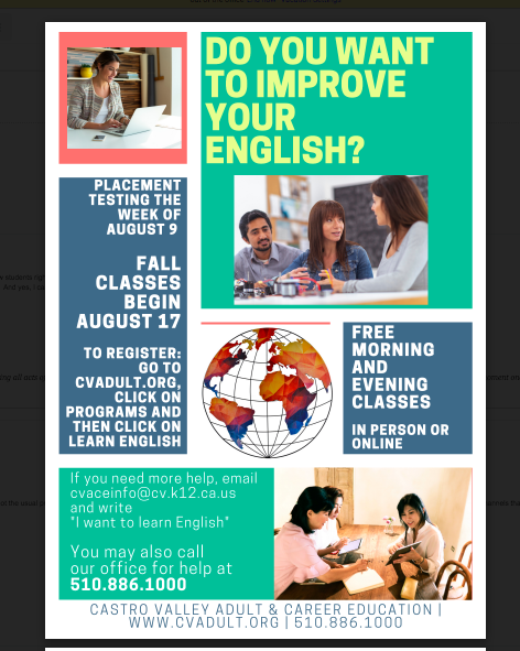 CVAdultSchool's tweet photo. Testing and registration for new ESL students starts August 9.  Make an appointment on our website:

https://t.co/jycrrRvllh

If you need help, call our office at 510-886-1000 https://t.co/Oyq278BqUA