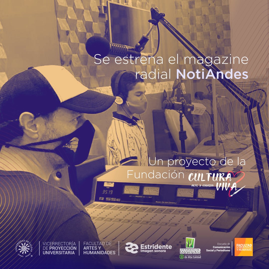 NotiAndes es una magazine radial creado por Cultura Viva. Este hace parte del proyecto Estridente en donde la Escuela de Comunicación de la Universidad de Manizales nos apoya.
Escucha próximamente la primera emisión en Soundcloud.