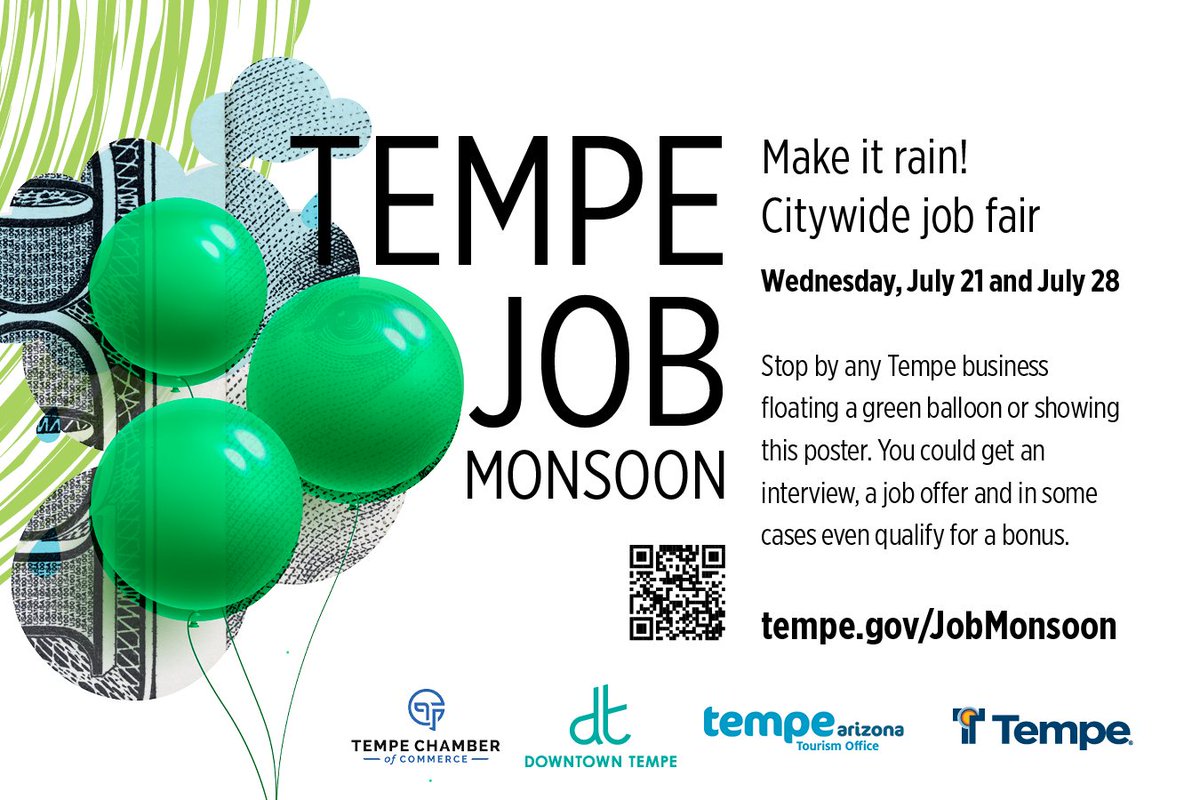 Last week more than 100 businesses took part in the Tempe #JobMonsoon, a city-wide job fair to help businesses fill job openings. Learn more here: bit.ly/3aM3Fxu @TempeGov <a href="/TempeTourism/">Tempe Tourism</a> <a href="/DowntownTempe/">Downtown Tempe</a>