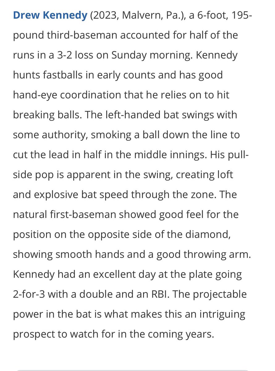 Thanks for the great write up <a href="/PG_Scouting/">Perfect Game Scout</a> I appreciate it! <a href="/PGMidAtlantic/">PG Mid Atlantic (NY, NJ, PA, MD,DE,DC)</a> <a href="/WowFactorNation/">Wow Factor Baseball</a> <a href="/MPFriarBaseball/">Malvern Prep Baseball</a>