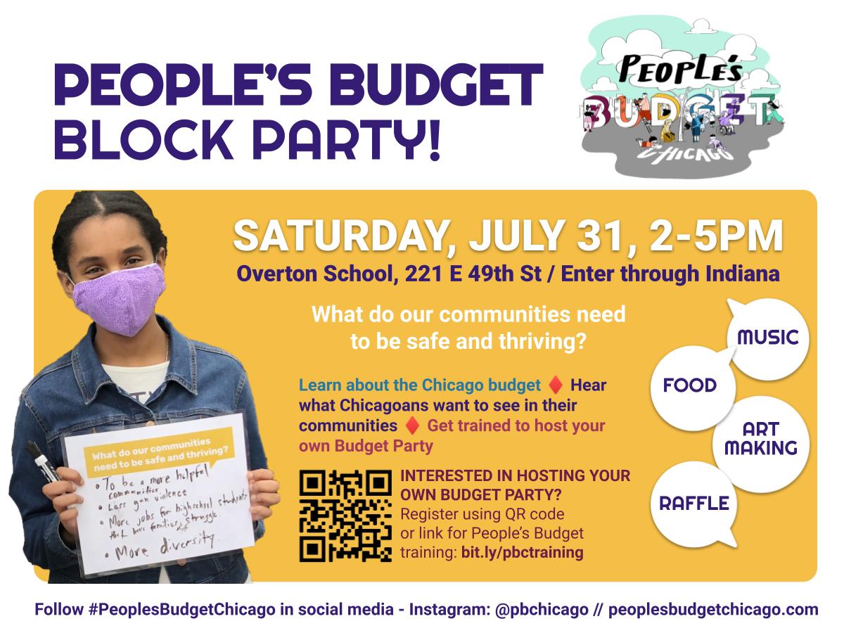 The People's Budget Chicago is BACK and BIGGER THAN EVER! Come out THIS SATURDAY, July 31st from 2-5 pm to the People's Budget Block Party, build your own budget & rep your community's priorities for our city! mailchi.mp/chicagounitedf…