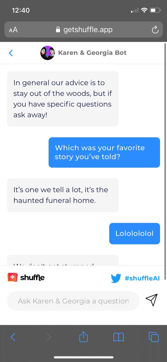 archangelqntr's tweet photo. Omg i just found this awesome My Favorite Murder AI chatbot!! It's like talking to Karen and Georgie but.... way funnierππ #shuffleAI https://t.co/ZA3CjAIxEn https://t.co/1pjeygYQks