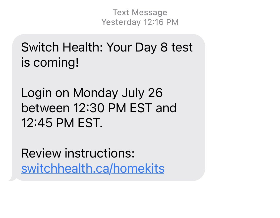 StephanieSPR's tweet photo. @SwitchHealthCA I recd this text yesterday. When I called this a.m. to confirm delivery - was told it was en route. When I called this aft when it didn’t arrive - was told that I needed to request test/it wasn’t sent/text is not confirmation. This is terrible UX. https://t.co/lk2OURBSee