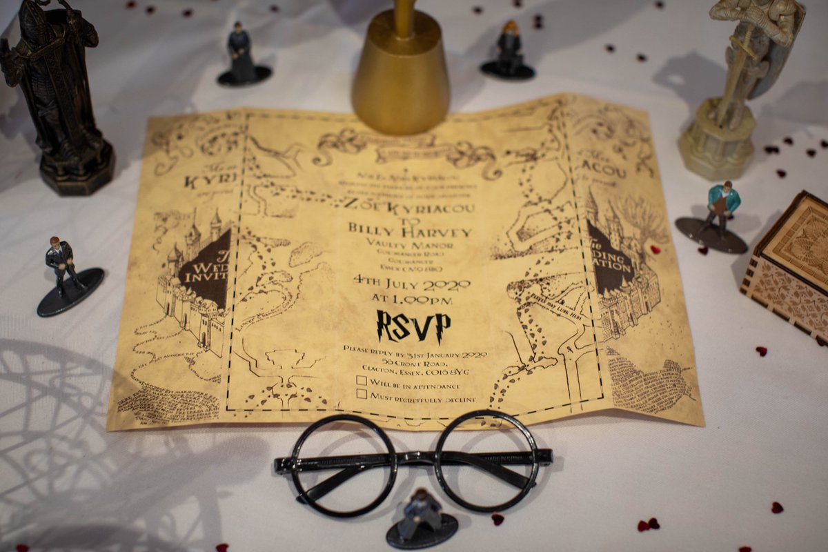 StationeryEssex's tweet photo. We have been busy over lockdown planning our own personal wedding, putting our skills to the test with Harry Potter themed wedding stationery including; save the dates, invites, table names, name place cards, wanted posters, thank you letter, table plan and anything in-between. https://t.co/FLmww5dCyK